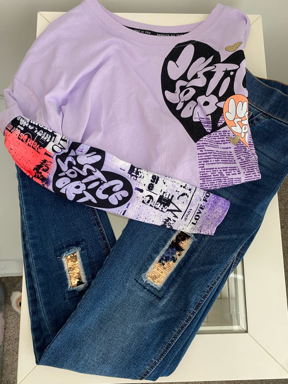 NWT JUSTICE Girls set long sleeve short & sequin jeans